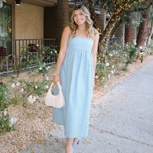 Uniqlo Sky Blue Linen Blend Gathered Camisole Summer Midi Dress Size Medium